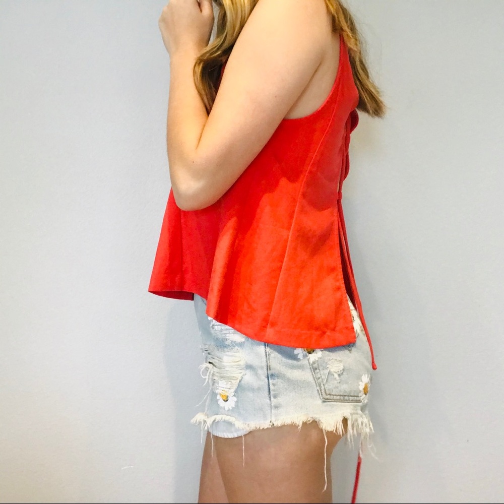 Free people red orange lace up back tank top - Picture 3 of 8